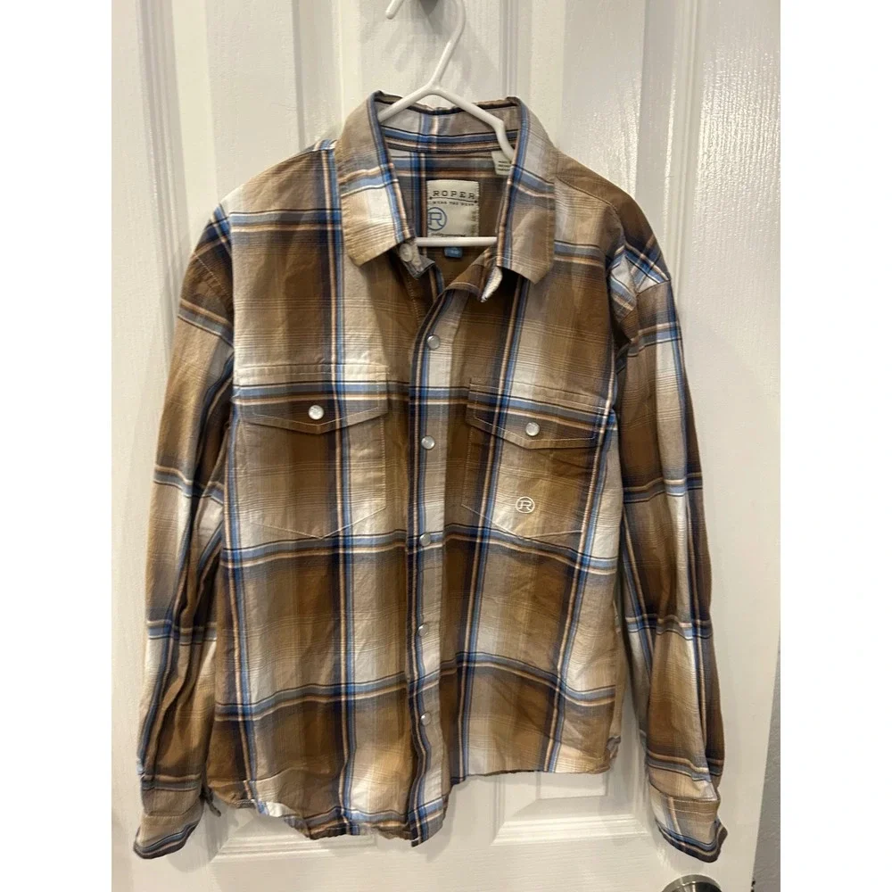 Roper Boys Brown Blue Plaid Western Long Sleeve Snap Shirt Size‎ 8-10 k7174